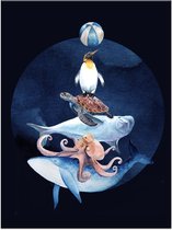 Kinderposter - Zee - poster - 30x40 cm - Zeedieren- Dolfijn - Walvis - Pinguin - Wanddecoratie - Kinderkamer - Babykamer - Zeedieren - Blauw - Dieren - Dieren poster - design - sla