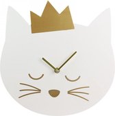 Klok kinderen - Mooie Goud / Witte Klok voor kinderen - Wandklok kat met een gouden kroontje - Voor de Kinderkamer, Babykamer, woonkamer of slaapkamer - Leuk Design voor kinderen