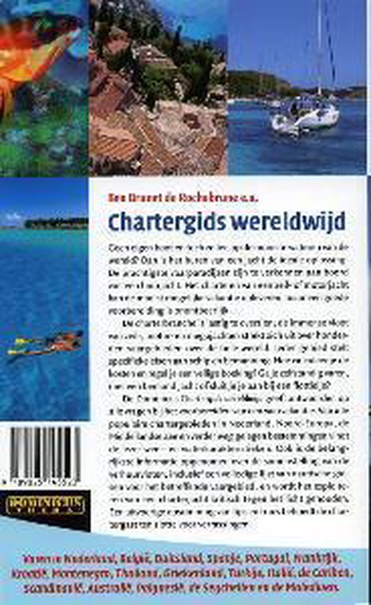 Achterkant van de 'Chartergids Wereldwijd' met een collage van onderwaterleven, gebouwen en zeilboten. De tekst beschrijft de inhoud van de gids.