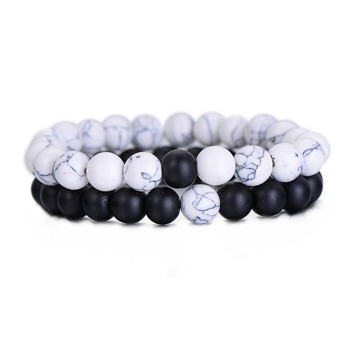BAZORO® Kralen Armband - Elastisch - Mannen Armband Natuursteen - Set van 2 stuks - Zwart/Wit