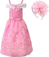 Doornroosje jurk 98-104 (110) roze goud met broche + roze haarband | Prinsessenjurk meisje verkleedkleren meisje
