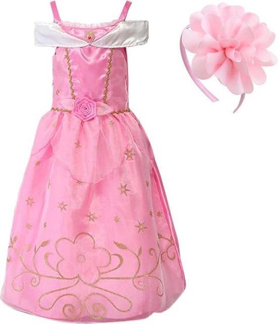 Doornroosje jurk 98-104 (110) roze goud met broche + roze haarband | Prinsessenjurk meisje verkleedkleren meisje