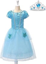 Assepoester jurk Prinsessen jurk verkleedjurk 98-104 (110) blauw met broche + blauwe kroon