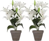 2x Witte Tigerlily/tijgerlelie kunstplant 47 cm in grijze plastic pot - Kunstplanten/nepplanten