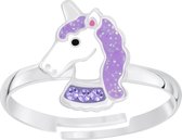 Joy|S - Zilveren eenhoorn ring paars glitter unicorn verstelbaar