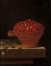 Een bakje aardbeien op een stenen plint, Adriaen Coorte, 1696 op aluminium