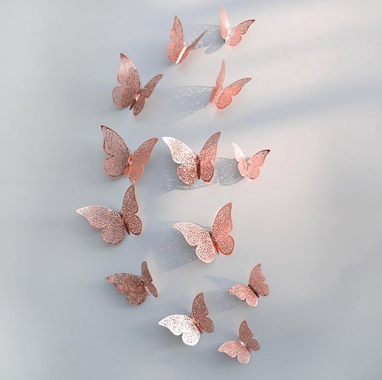 Stickers muraux 3D Rose / Or - Set élégant de 12 autocollants papillon en 3 tailles - Décoration murale - Décoration de chambre - Papillons 3D
