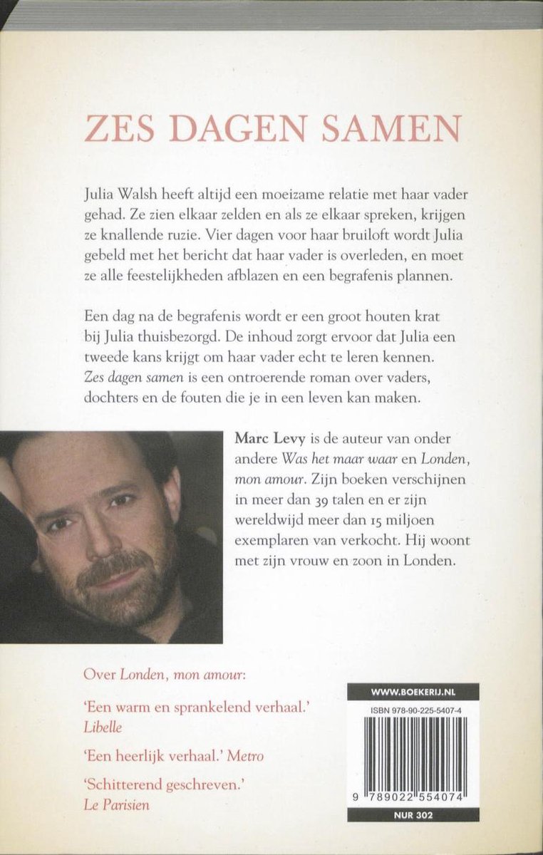 Foto van Marc Levy, auteur van 'Zes Dagen Samen', met tekst over de auteur en lovende recensies.