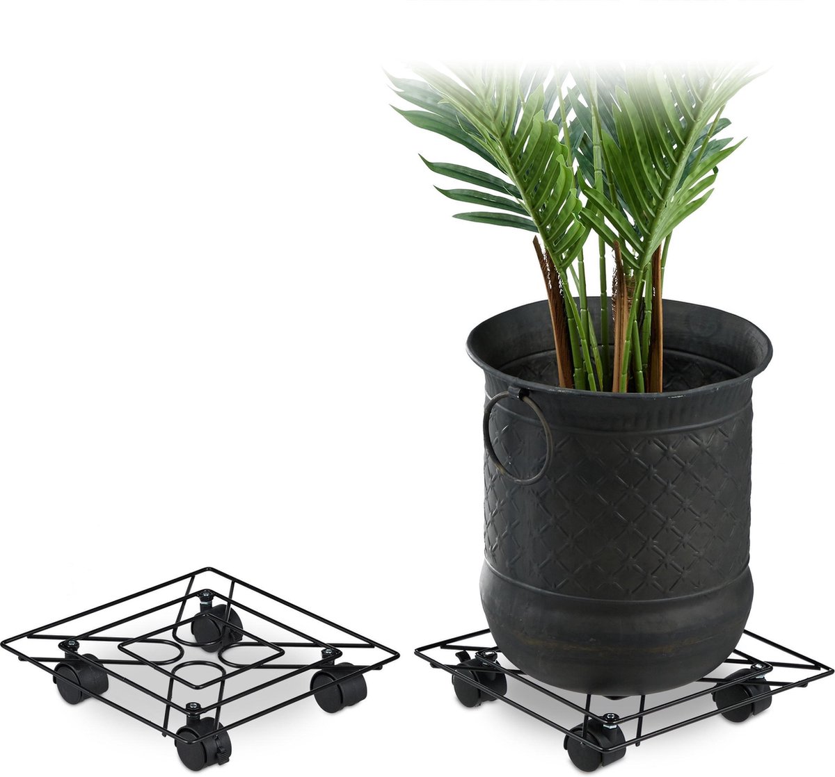 Relaxdays plantentrolley metaal set van 2 plantenroller plantenonderzetter zwart