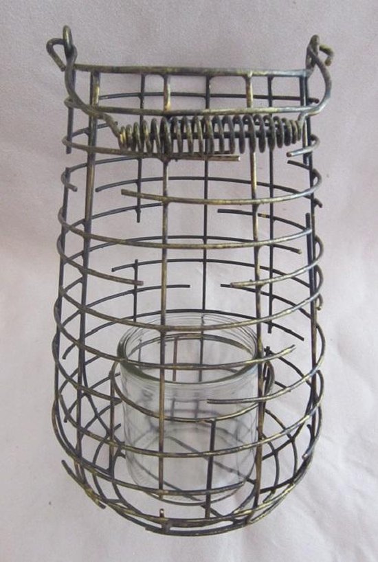 Lantaarn / windlicht van zwart/koper draadijzer met glazen kaarshouder. 30 x 18 cm Ø