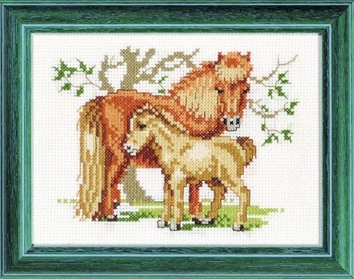 Pako Borduurpakket met tel patroon - shetland pony en veulen - 210.821 - voorgesorteerd garen - Aida ivoor - 13 x 17 cm - DIY kit