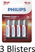 12 Stuks (3 Blisters a 4 st) Philips Power Alkaline AA Batterijen