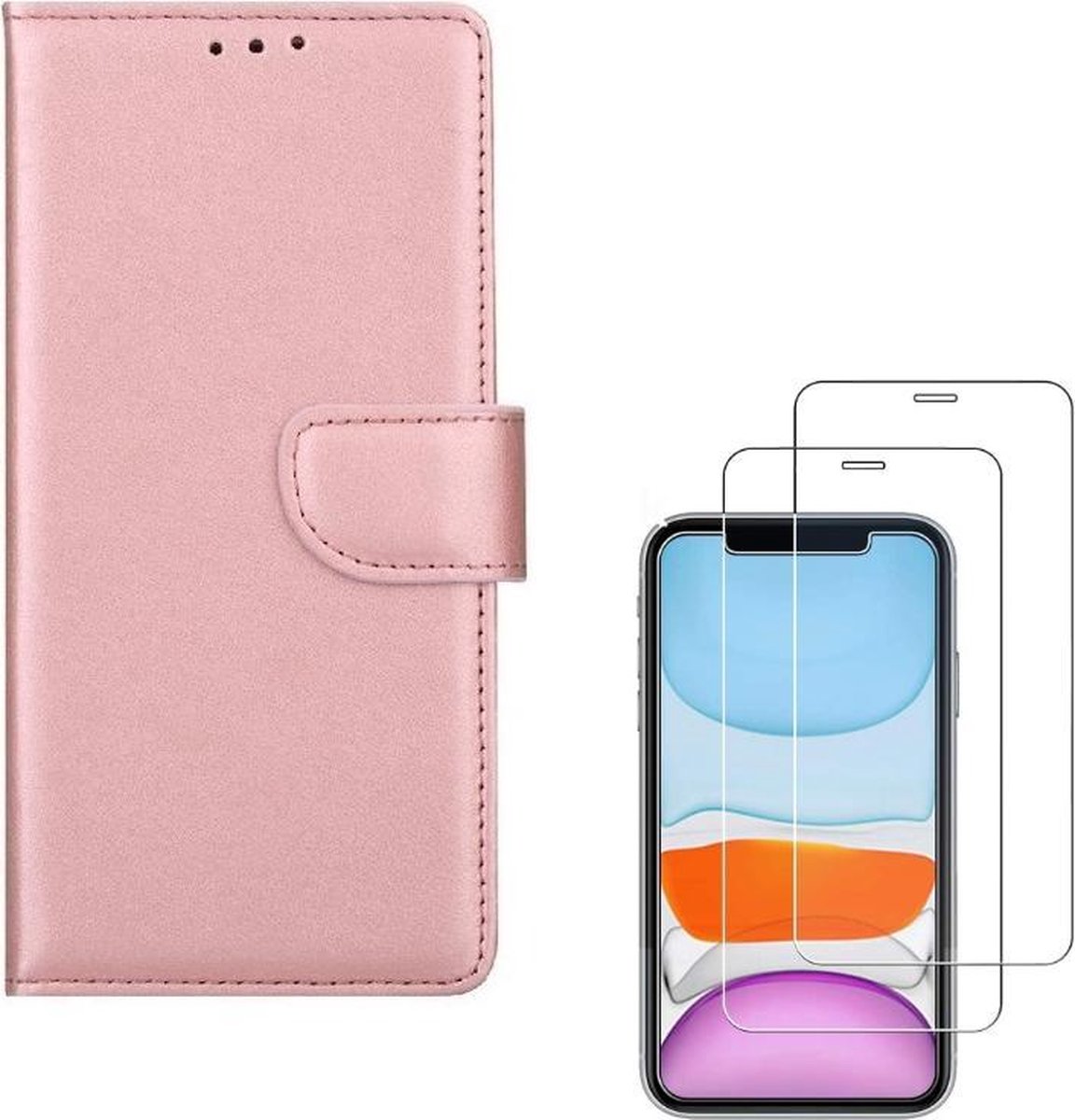 Bookcase Geschikt voor: iPhone 11 - rose goud - portemonee hoesje + 2X Tempered Glass Screenprotector