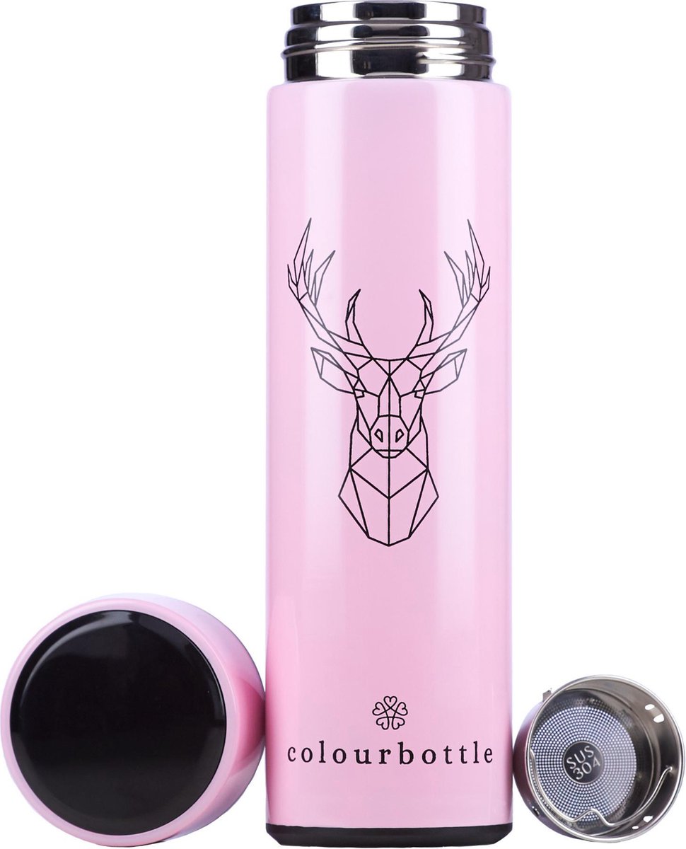 Roze Colourbottle® - Luxe Thermosfles met LED temperatuurdisplay - 500ml - Roestvrij Staal - Waterfles - Theebeker - Theefilter - Roze Drinkfles