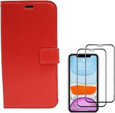 Bookcase Geschikt voor: iPhone 11 - rood - portemonee hoesje + 2X Full cover Tempered Glass Screenprotector