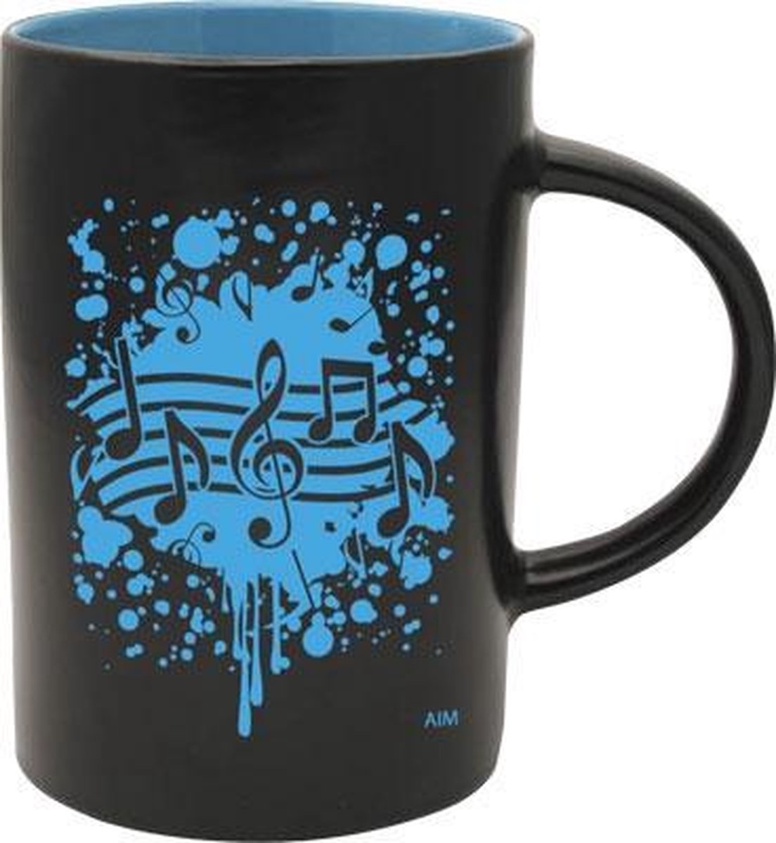 Koffiemok met blauwe explosie van muzieknoten