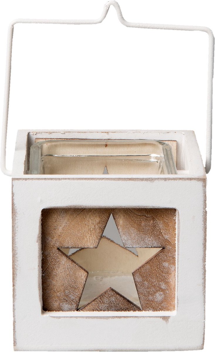 Waxinelichthouder | 10*10*9 cm | Wit | Hout / glas | Ster | Clayre & Eef | 6H1497S