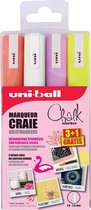 Krijtstift – Uni-Ball Chalk PWE-5M – krijtmarker -  fluoriserend oranje, geel, roze + wit – etui á 4 stuks.