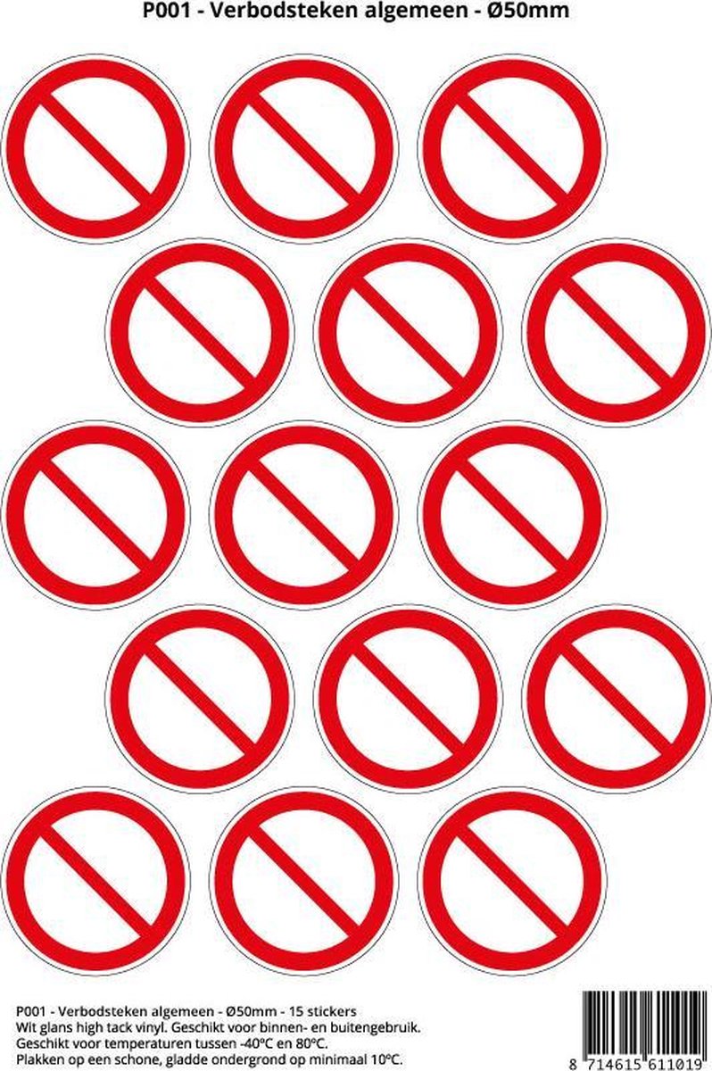 Pictogram sticker P001 - Verbodsteken - Ø 50mm - 15 stickers op 1 vel