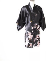 TA-HWA - Dames Kimono Kort- met Kraanvogels - Zwart - Maat L
