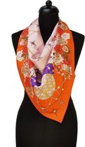 ThannaPhum Luxe zijden sjaal - Oranje met sterren en bloemen 85 x 85 cm