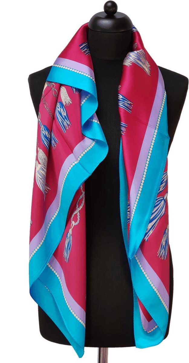 ThannaPhum luxe zijden sjaal - Rood met blauwe rand - Oosters design 100 x 100 cm