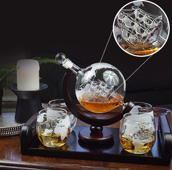 Whisiskey ® Decanteerkaraf - Wereldbol - Luxe Whiskey Karaf Set - 0,9 L - Incl. 8 Whisky Stones, Schenktuit & 4 Glazen - Cadeau - Whisiskey