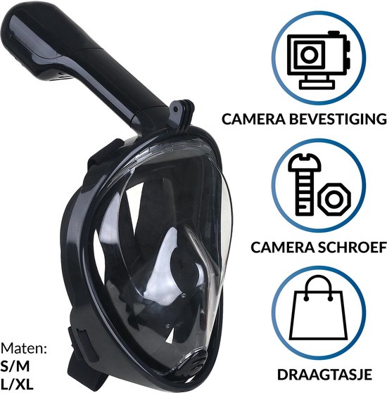 Duikmasker Full Face L/XL - Duikbril met Snorkel - Snorkelset Volwassenen - Zwart - Snorkelmaskers