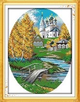 Borduurpakket - Cross stitch Circle shape, house, river and trees  29×36cm