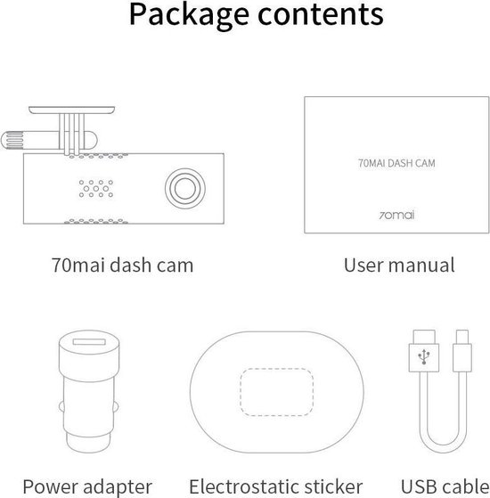 Illustratie van de inhoud van de verpakking: 70mai dash cam, gebruikershandleiding, stroomadapter, elektrostatische sticker, USB-kabel.