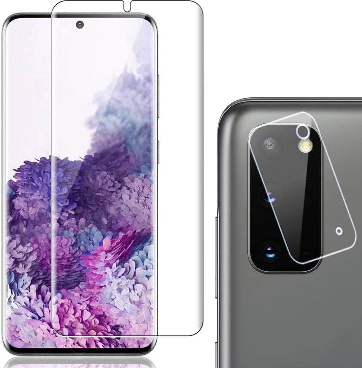 Screenprotector geschikt voor Samsung S20 - Glas PET Folie + Camera Protector Lens