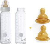 HEVEA glazen drinkfles - flessen met extra fles spenen medium flow 3-36 mnd - 240 ml