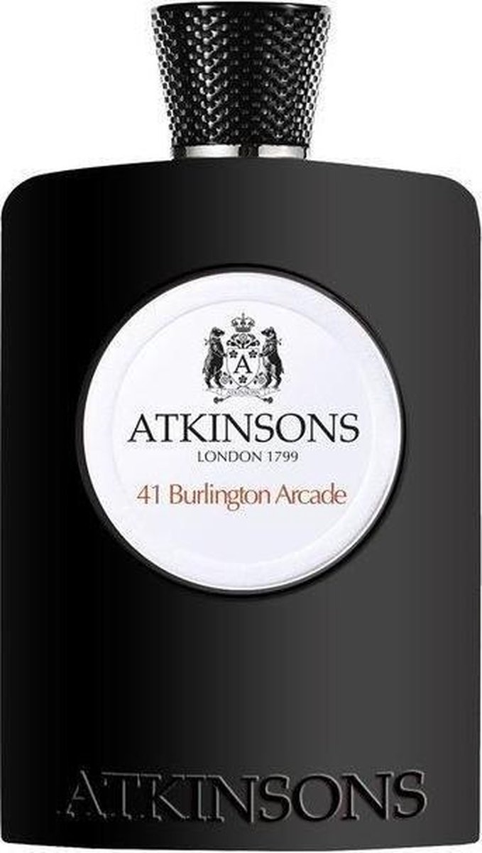 Zwarte Atkinsons '41 Burlington Arcade' Eau de Parfum fles met reliëf logo.