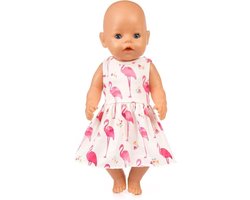 foto van Poppenkleertjes - Geschikt voor Baby Born - Flamingo jurk met onderbroekje - Roze zomer & lente outfit