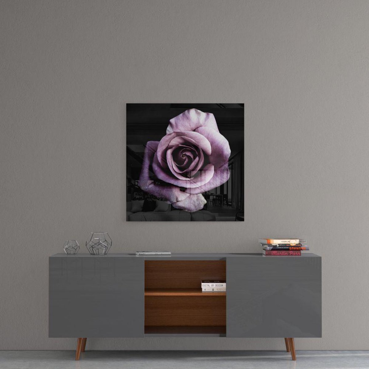 Insigne Art Insigne Glazen Schilderijen - Bloem - Paarse Bloem Glasschilderij - Wanddecoratie - 50x50 cm Zwart,Paars