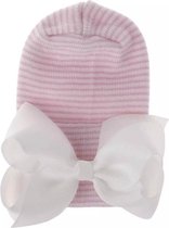 Bonnet naissance / bonnet bébé / bonnet hôpital rose blanc rayé avec noeud blanc - Tissu extra épais - 0 à 1 mois