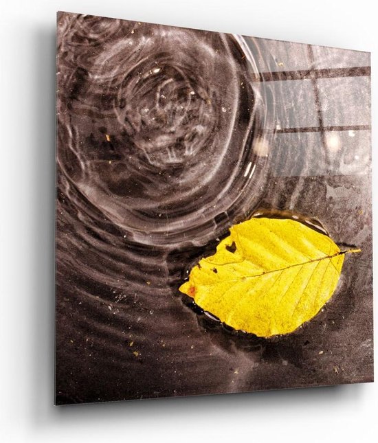 Insigne Glazen Schilderijen - Gele Blad Glasschilderij - Vierkant - Wanddecoratie - 50x50 cm