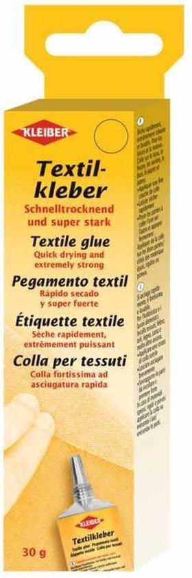 Gele kartonnen verpakking met daarop Kleiber Textilkleber, textiellijm, snel drogend en super sterk, met afbeelding van een hand die stof lijmt.
