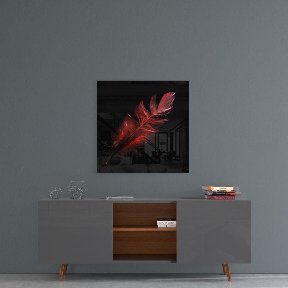 Insigne Glazen Schilderijen - Kleurijke  Veer Glasschilderij - Wanddecoratie - 50x50 cm