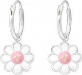 Joy|S - Zilveren Madelief bloem bedel oorbellen glitter roze oorringen
