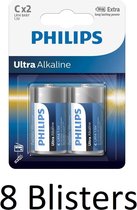 16 Stuks (8 Blisters a 2 st) Philips Ultra Alkalline C Batterijen