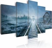 Schilderij - Reis in de Mist II, Blauw, 5luik ,  wanddecoratie , premium print op canvas