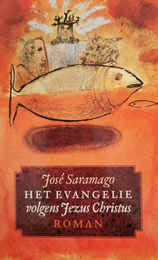 Boekcover met de titel 'Het evangelie volgens Jezus Christus' in sierlijke letters, met een aquareltekening van een vis en menselijke figuren.