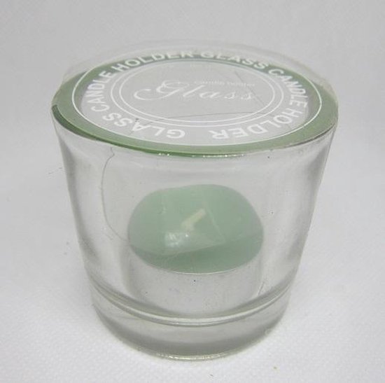 kleine waxinelichthouder, dik glas met groen randje en groen waxinelichtje, set van 3 stuks ! 6 x 6 cm Ø