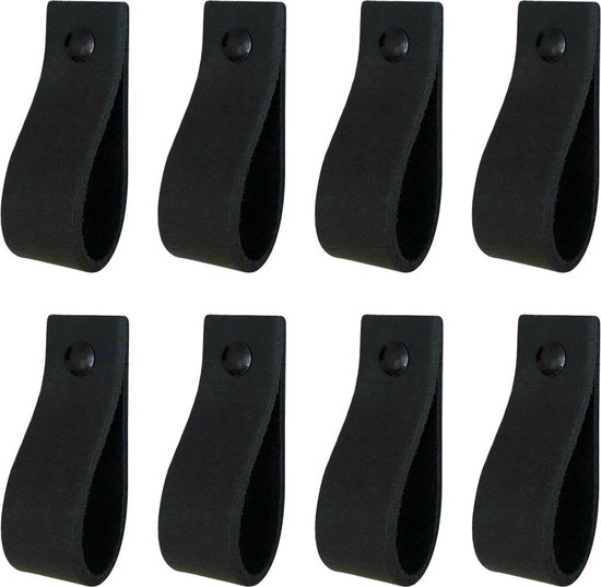 8x Leren handgrepen 'de lus' maat S - VINTAGE BLACK  (15,8 x 2,5 cm) - incl. 3 kleuren schroefjes (handgreepjes - leren grepen - greepjes - leren lusjes)