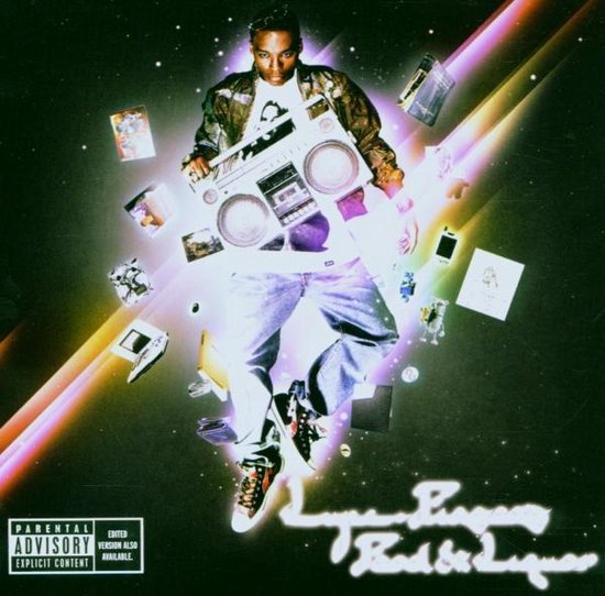 Man met een grote ghettoblaster, staand in de lucht, omringd door zwevende objecten. Tekst: Lupe Fiasco's Food & Liquor.