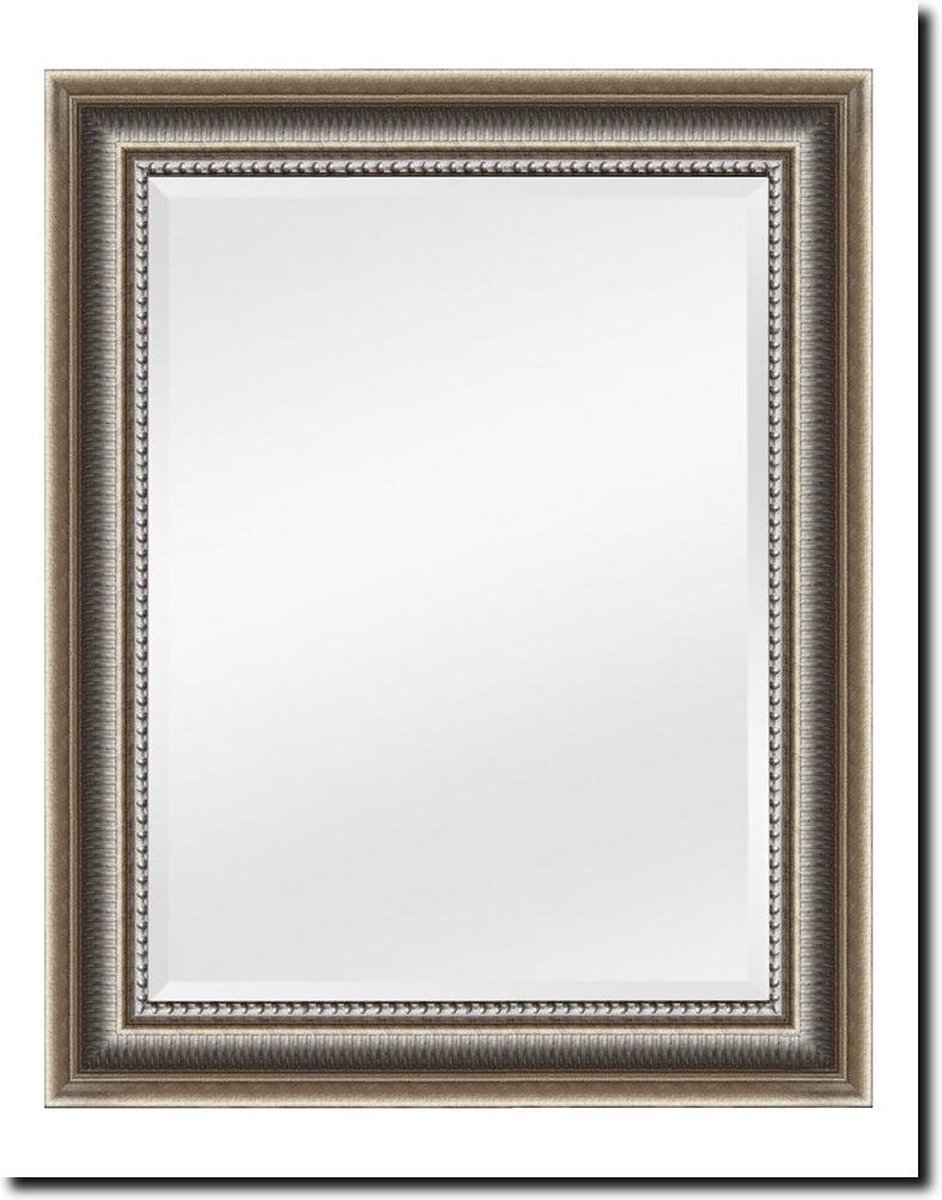 Spiegel toilet rechhoek klassiek -Wandspiegel Cesarino Antiekzilver Buitenmaat 65x75 cm - Spiegel met lijst - Houten sierlijst met cannelure - Ophanghaken gemonteerd