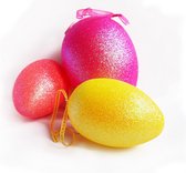 Drie Hippe Glitter Paaseieren - 14 en 18 cm - Neon Roze, Geel en Koraal