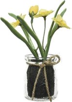 Gele Narcissus/narcissen kunstplant 15 cm in glazen pot - Kunstplanten/nepplanten -  Pasen/voorjaar versiering/decoratie