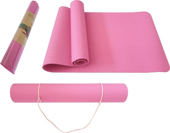 Fitness Mat, Yoga Mat, Gymnastics Mat, 183 x 68 x 4 mm, Made of Environmentally Friendly Natural Rubber and Non-Slip with Design and Carrying Strap (Deep Black